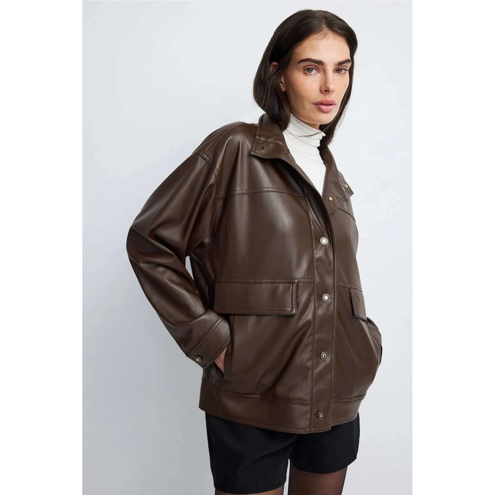 Favorite Daughter Margot Faux Leather Jacket Brown Button Front Womens Size L